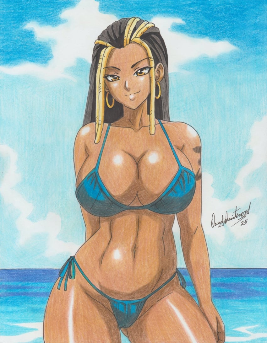 2025 big_breasts bikini breasts cleavage dark-skinned_female drawn dreadlocks earrings hoop_earrings hourglass_figure kunoichi looking_at_viewer master_raven multicolored_hair namco namco_bandai ninja ocean ocean_background posing posing_for_the_viewer pov_eye_contact ravern_clouk shoulder_tattoo side_tie_bikini smile smile_at_viewer tattoo tekken tekken_7 thick_thighs thong thong_bikini toned toned_female water