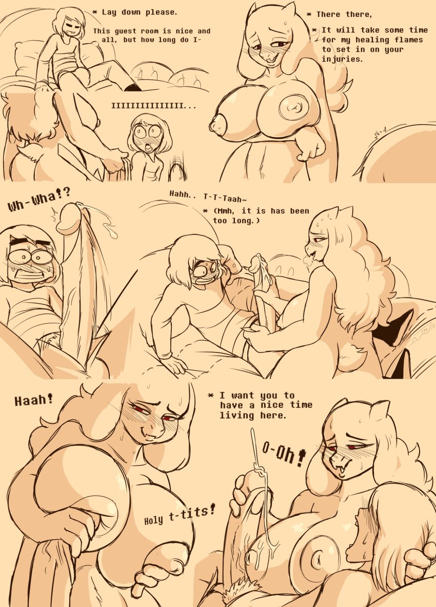 apron ass bed big_breasts big_butt big_penis blush boss_monster breasts bulge clothing comic digital_media_(artwork) english_text female frisk frisky_(under(her)tail) handjob huge_butt human male mammal penis precum red_eyes sex sweat text thewill toriel tutori_(under(her)tail) under(her)tail undertale undertale_fanfiction undressing video_games