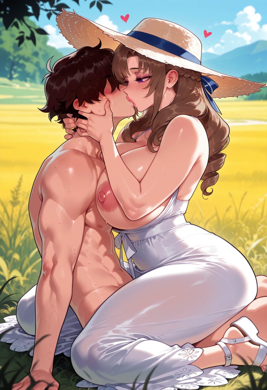 1boy 1girl 1girls abs ai_generated balecxi bare_shoulders blue_sky blurry_background blush braid breast_press breasts breasts_out brown_hair cheating_(relationship) clothed_female_nude_male clothing cloud cowgirl_position curvaceous curvaceous_female curvaceous_figure curvy curvy_figure day depth_of_field dress dress_pull drill_hair faceless faceless_male female female_focus field footwear french_kiss from_side girl_on_top grass hat headwear hetero huge_breasts implied_sex kiss kissing large_breasts lips long_hair looking_at_another male mature_female milf muscular muscular_male nipples nude oosuki_mamako outdoors purple_eyes ribbon sandals sex shoes short_hair sitting sky straddling straw_hat sun_hat sundress sweat thighs topless_male tsuujou_kougeki_ga_zentai_kougeki_de_ni-kai_kougeki_no_okaasan_wa_suki_desu_ka? uncensored upright_straddle voluptuous voluptuous_female wariza white_dress white_footwear