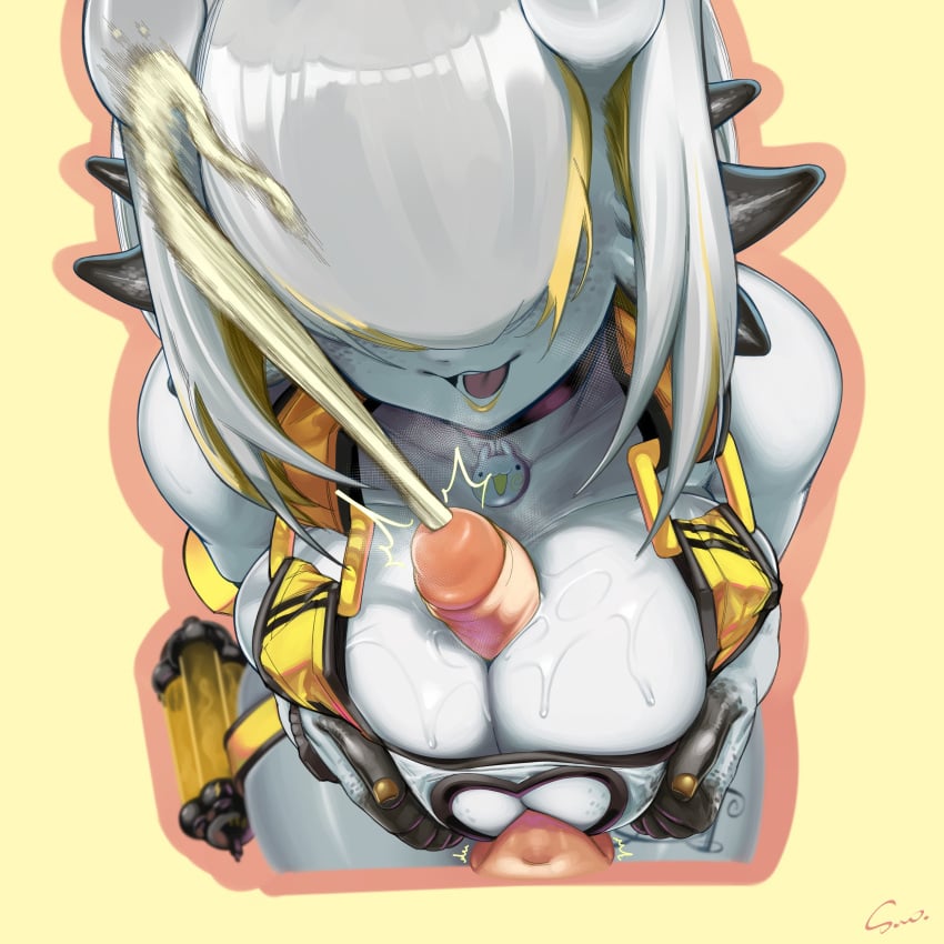 1boy 1girls boobjob choker clothed_paizuri cosplay cum cumshot elegg_(nikke) elegg_(nikke)_(cosplay) freckles grey_body grey_hair hair_over_eyes high-angle_view indie_virtual_youtuber jorunna_parva jorunna_van_de_zee_(jorunnav) nikke painted_nails sea_sponge sedua_weynn speed_lines squeezing_breast squeezing_breasts_together sweat thick_thighs virtual_youtuber vtuber