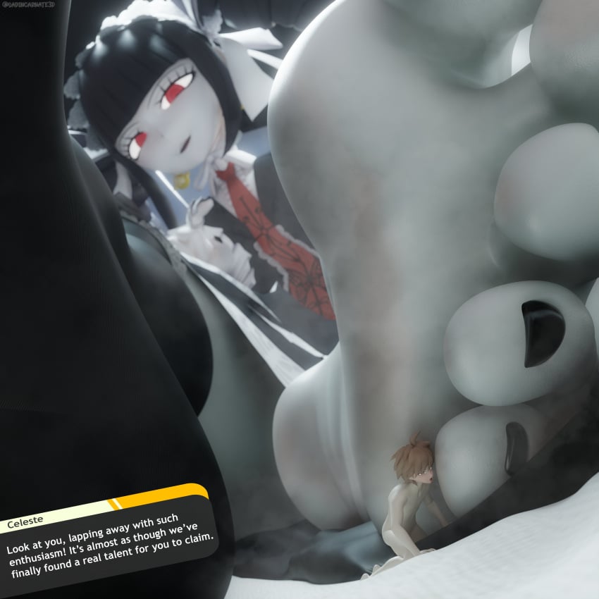 1boy1girl 2026 3d 3d_(artwork) 5_toes absurd_res barefeet barefoot black_hair celestia_ludenberg danganronpa danganronpa:_trigger_happy_havoc dialogue dialogue_box earrings feet feet_focus female female_focus femdom foot_fetish footplay giantess giantess_feet goth goth_girl lolita_fashion looking_at_partner naegi_makoto painted_nails painted_toenails red_eyes sadincarnate3d slave twitter