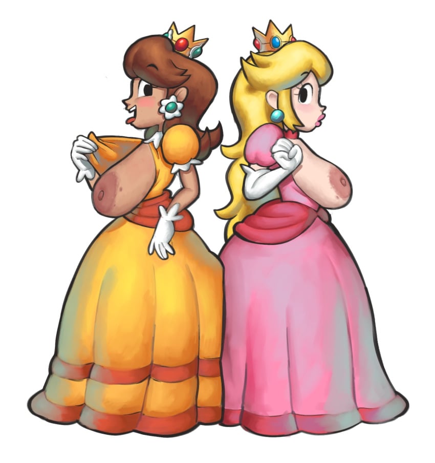 2girls blonde_hair breast_press breasts breasts_out docking dress ear_piercing earrings female_focus gloves highres jewelry large_areolae large_breasts lewdmcgill looking_back_at_another mario_(series) mature_female multiple_girls nintendo no_bra open_mouth orange_dress piercing pink_dress princess princess_daisy princess_peach sagging_breasts standing symmetrical_docking tongue tongue_out white_background