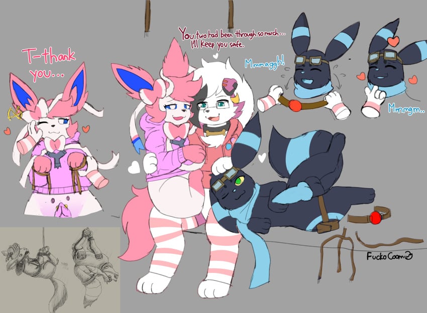 absurd_res aftercare ambris_(budzisfun) animal_genitalia ball_gag bdsm bodily_fluids bondage bound crying cuddling eeveelution emma_(budzisfun) eyewear fokkorev gag generation_2_pokemon generation_6_pokemon generation_7_pokemon genitals glasses hi_res lester_(fokkorev) lycanroc nintendo pokemon pokemon_(species) rescue shaking sylveon tears tears_of_joy tired trembling umbreon wearing_glasses
