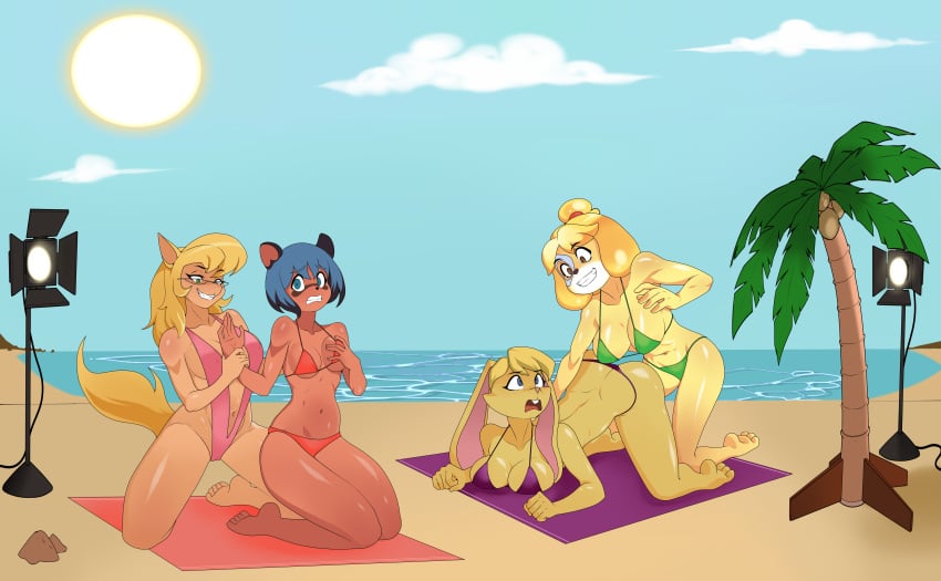 4girls animal_crossing anoneysnufftan anthro anthro_only applying_sunscreen beach beach_towel bianca_(spyro) bikini blonde_hair blue_eyes blue_hair brand_new_animal breast_hold bunny_ears bunny_girl callie_briggs canine covering_one_breast embarrassed face_down_ass_up fake_tree feline female female_only film_set furry glasses holding_arm holding_own_breast humiliation imminent_death indoors isabelle_(animal_crossing) killer_lotion kneeling leaning_forward long_hair mask massage michiru_kagemori murder orange_body palm_tree peril props punishment rabbit raccoon rubbing self_fondle sitting sling_bikini snuff spyro_the_dragon stage stage_lights summer sunbathing swat_kats swimsuit tanuki towel yellow_body