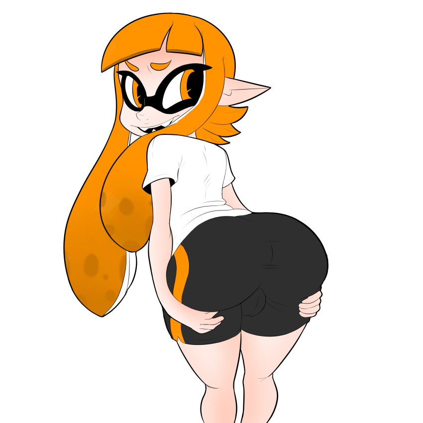 alpha_channel animal_humanoid anthro ass cameltoe cephalopod cephalopod_humanoid clothed clothing female hair humanoid humanoid_hands inkling inkling_girl itsthedoodleden kaori_(splatoon) kenta_(artist) leaning leaning_forward looking_back marine mask_(marking) naughty_face nintendo open_mouth orange_eyes orange_hair pale_skin plump_camel_toe pointy_ears rear_view shirt shorts simple_background splatoon spread_ass spreading squid standing t-shirt tentacle tentacle_hair tight_clothing transparent_background video_games