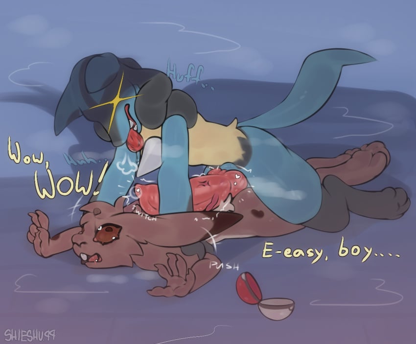 animal_genitalia animal_genitalia_on_humanoid animal_penis anthro anthro_on_anthro big_penis black_body blue_body bodily_fluids breath brown_body buckteeth dominant dominant_male duo duo_focus duo_in_panel fan_character full-length_portrait fur generation_4_pokemon genital_fluids genitals group hand_grab huge_penis in_heat interspecies knot knotted_penis lagomorph leporid living_room looking_up_at_partner lucario male male/male mammal multicolored_body nintendo on_ground panting penis penis_bigger_than_torso penis_on_back pokeball pokemon pokemon_(species) pokephilia portrait precum pressed_against pushing_down rabbit red_knot red_tongue saliva saliva_on_tongue saliva_string scut_tail shieshuqqq short_tail speech_bubble spikes spikes_(anatomy) surprised tail teeth throbbing throbbing_penis tongue vein veiny_penis yellow_body yellow_fur