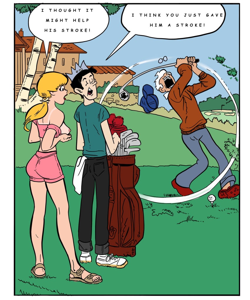 archie_comics betty_and_veronica betty_cooper blonde_hair boobs exhibitionism female flashing golf hiram_lodge jughead_jones nipples public tanline