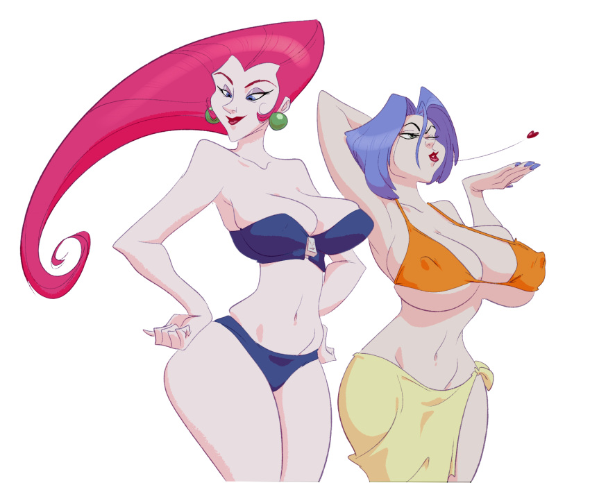 2girls big_breasts bikini blue_eyes blue_hair breasts female female_only green_eyes human human_only james_(pokemon) jamie_(pokemon) jessie_(pokemon) large_breasts long_hair navel nintendo pink_hair pokemon pokemon_rgby red_hair rule_63 slb swimwear team_rocket