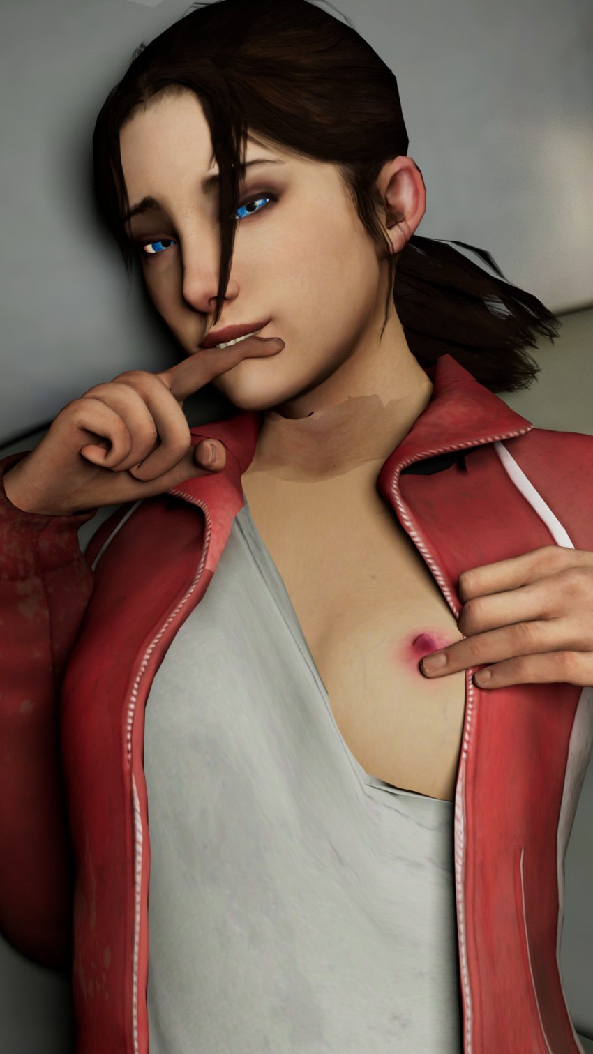 1girls 3d autodesk_maya bed biting_finger blue_eyes breasts_exposed breasts_out brown_hair female flashing jacket left_4_dead looking_at_viewer lying_on_back lying_on_bed nipple_slip nipples no_bra one_breast_out open_jacket ponytail solo valve zoey_(left_4_dead)