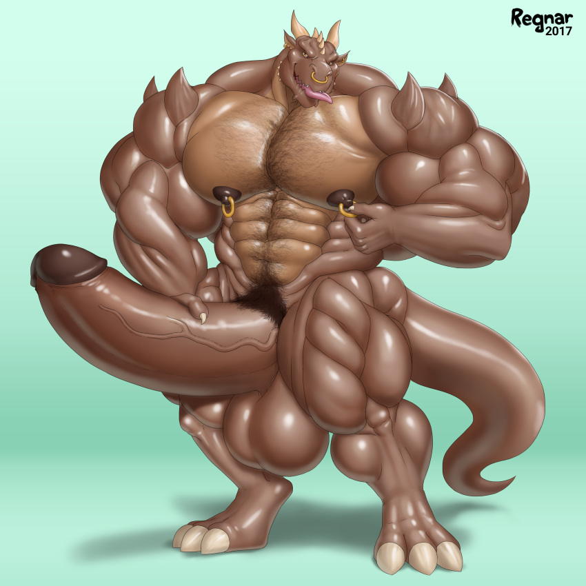 dragon full_length hair hyper hyper_muscles hyper_penis male_only muscular nipples penis piercing regnar rexxasaurus solo solo_male