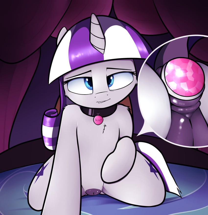 2017 anal anus bed bedroom_eyes blue_eyes buttplug collar cutie_mark equine female feral friendship_is_magic fur gem grey_fur hair half-closed_eyes hi_res horn inside looking_at_viewer magic mammal my_little_pony neighday on_bed princess_plug seductive sex_toy solo twilight_velvet_(mlp) unicorn