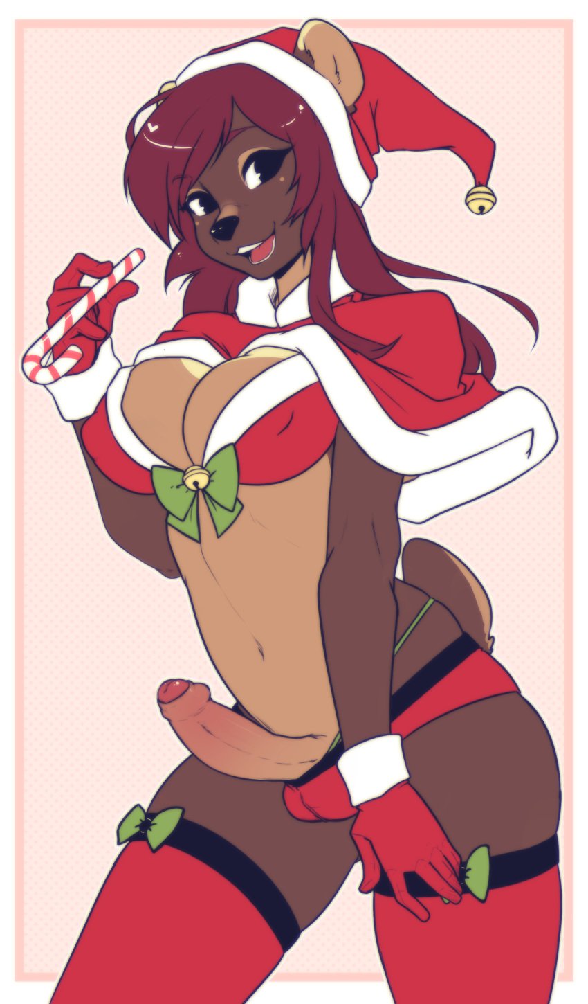 1futa anthro balls bear bell black_eyes bow bra breasts brown_fur candy candy_cane christmas clothed clothing dickgirl erection food fur futa_only futanari g-string gloves hair hat heart holidays humanoid_penis intersex legwear looking_at_viewer mammal opal open_mouth penis red_hair santa_hat simple_background skimpy smile solo suelix thick_thighs thigh_highs thong underwear