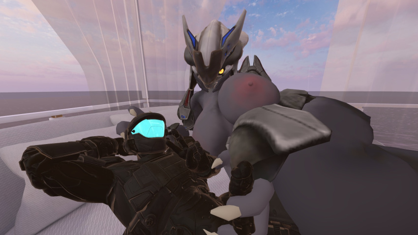 after_sex bed big_breasts black_body elite_(halo) female femboy halo_(series) helmet holding_penis looking_at_viewer male male/female mask peace_sign sangheili spartan_(halo) vrchat vrchat_avatar