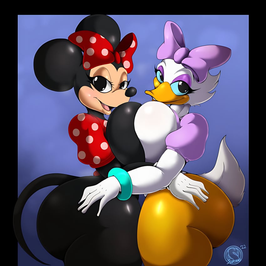 2022 2022s 2girls absurd_res anthro anthro_on_anthro anthrofied ass ass_grab beak big_ass big_breasts big_butt black_eyes blue_sclera bow bowtie_on_head breast_press breast_squeeze breasts butt_grab daisy_duck digital_media_(artwork) disney duck duck_girl duck_tail female female_focus female_only huge_ass looking_at_viewer looking_back looking_pleasured minnie_mouse mouse mouse_girl mouse_tail multiple_girls nude nude_female partially_clothed public_domain smile suirano tail thick_thighs thighs wide_hips yuri