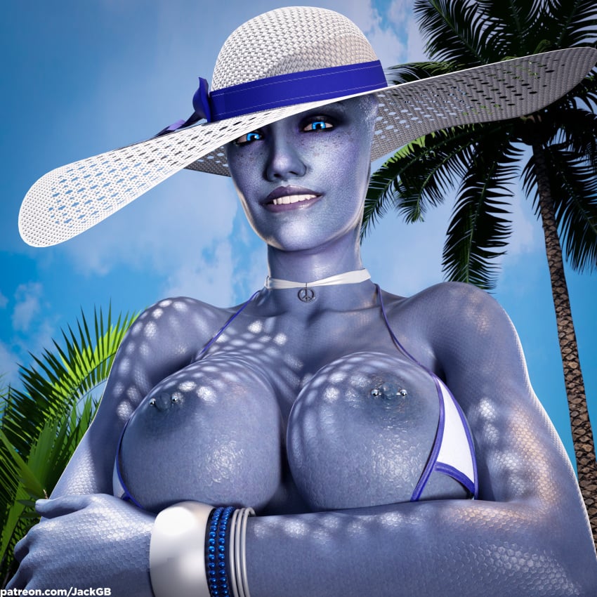 1girls 3d alien_girl asari big_breasts bikini bikini_aside bikini_top blue_body blue_eyes blue_skin bracelet breasts breasts choker crossed_arms daz3d daz_studio female female_focus female_only hat headwear jackgb liara_t&#039;soni looking_at_viewer mass_effect nipple_piercing nipples outside palm_tree parody pierced_nipples piercing posing seductive seductive_look seductive_smile shiny_breasts shiny_skin sky smile solo tagme teeth uncovered_breast