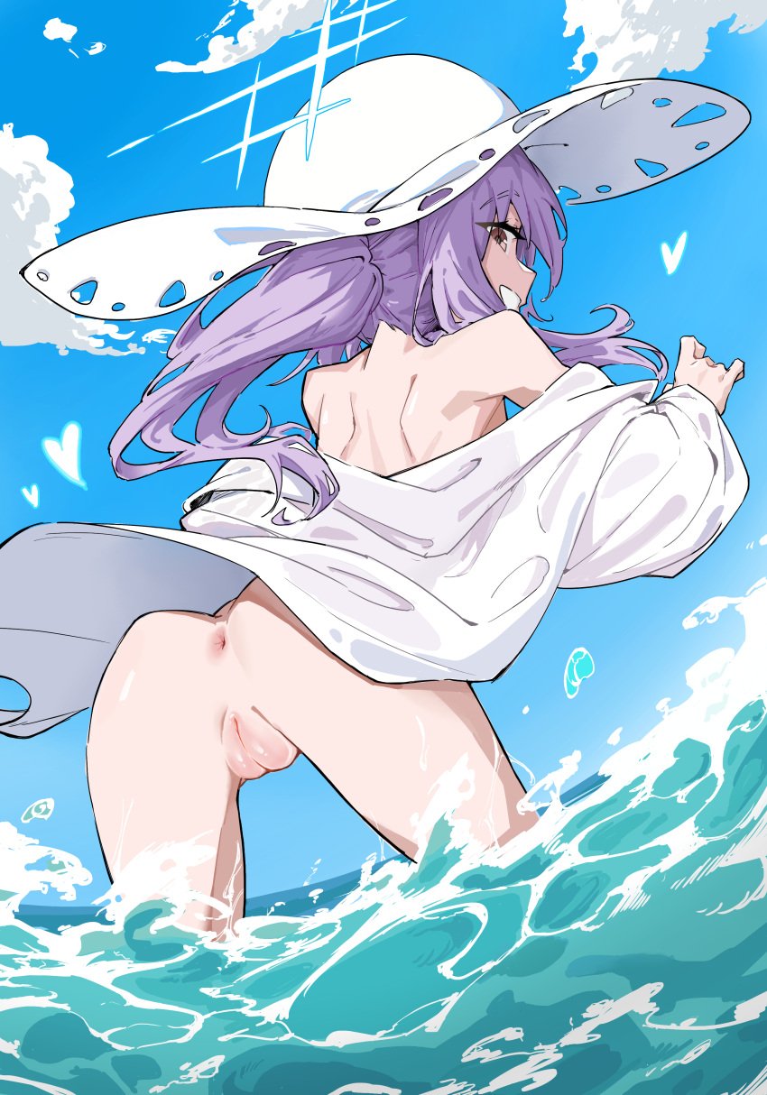 absurdres anus ass atsuko_(blue_archive) atsuko_(swimsuit)_(blue_archive) blue_archive blue_sky cleft_of_venus cloud day female from_behind grin halo hat heart highres leaning_forward long_hair looking_back purple_hair pussy red_eyes shirt sky smile solo su_reut sun_hat uncensored wading water white_hat white_shirt