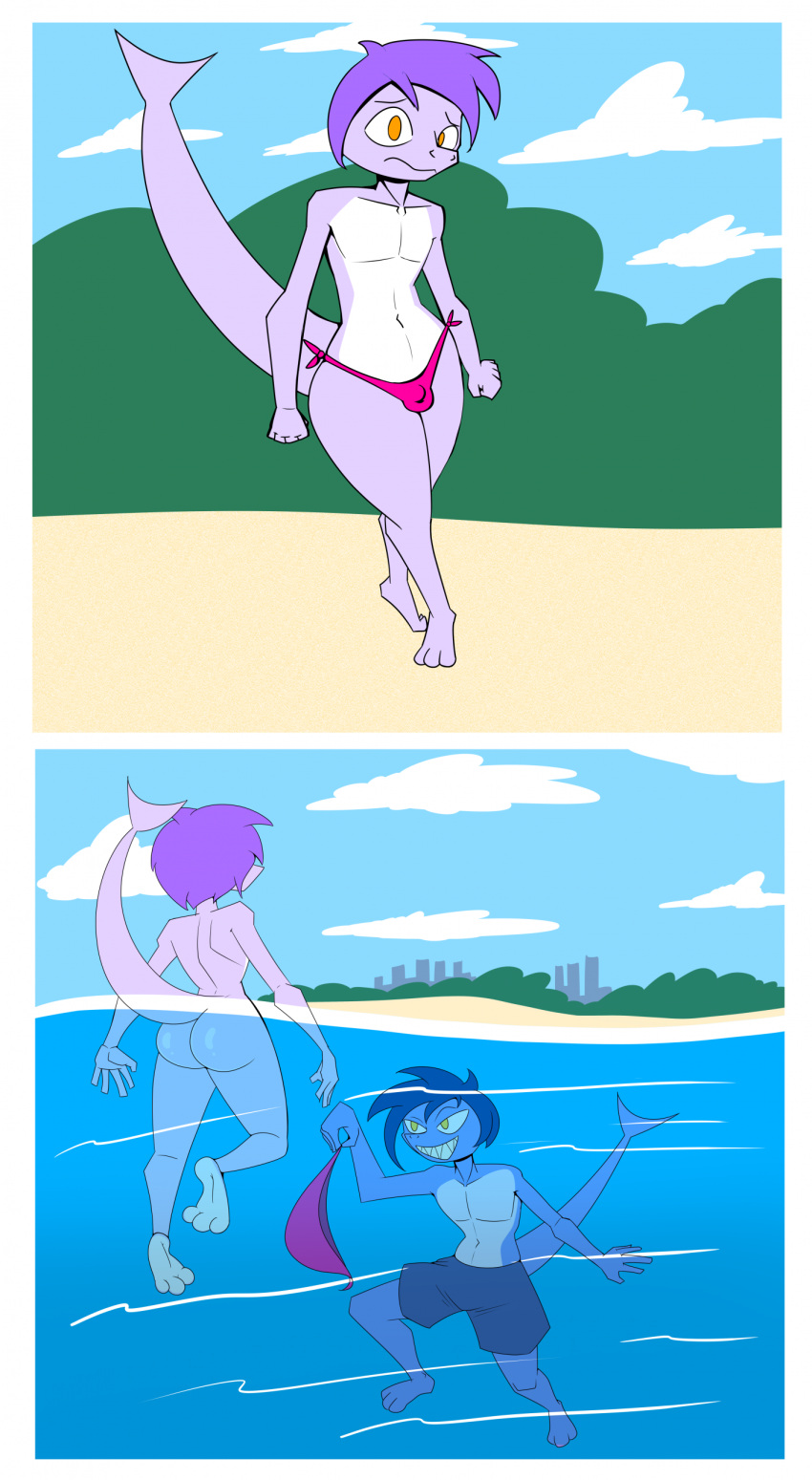 2boys anthro ass assisted_exposure beach birbpan embarrassed_nude_femboy femboy furry male pantsing shark stolen_clothes stripped stripped_naked tagme