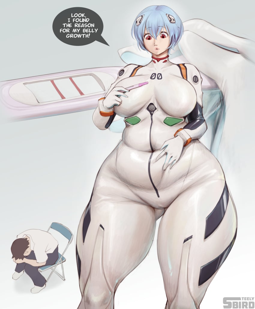 1girls bodysuit human large_breasts neon_genesis_evangelion plugsuit pregnancy_test pregnant rei_ayanami shinji_ikari solo solo_female standing steely_bird text thick_thighs wide_hips