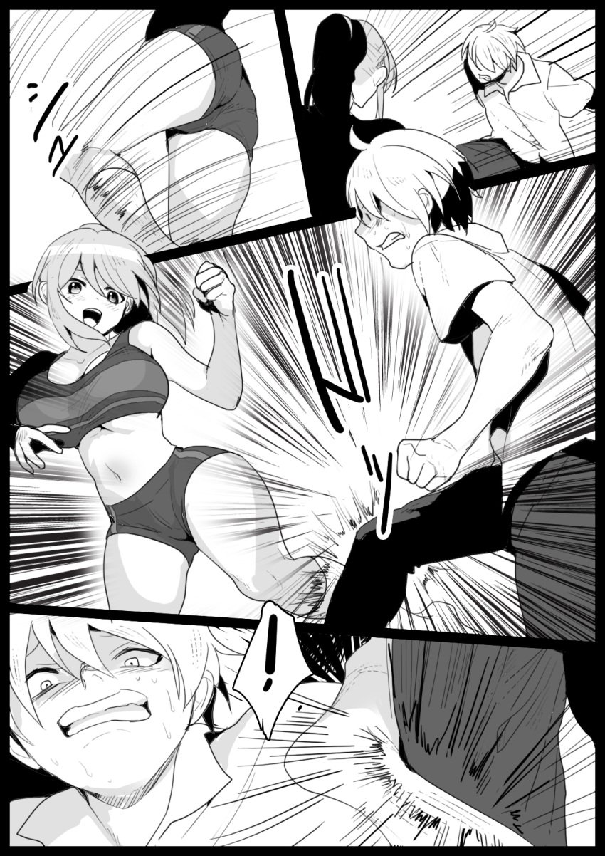 1boy 1girls belly_button blue_eyes breasts female headscissor headscissors humiliation kick kicking legs male nation_of_headscissors panties pink_hair socks thighs toppogi wrestling