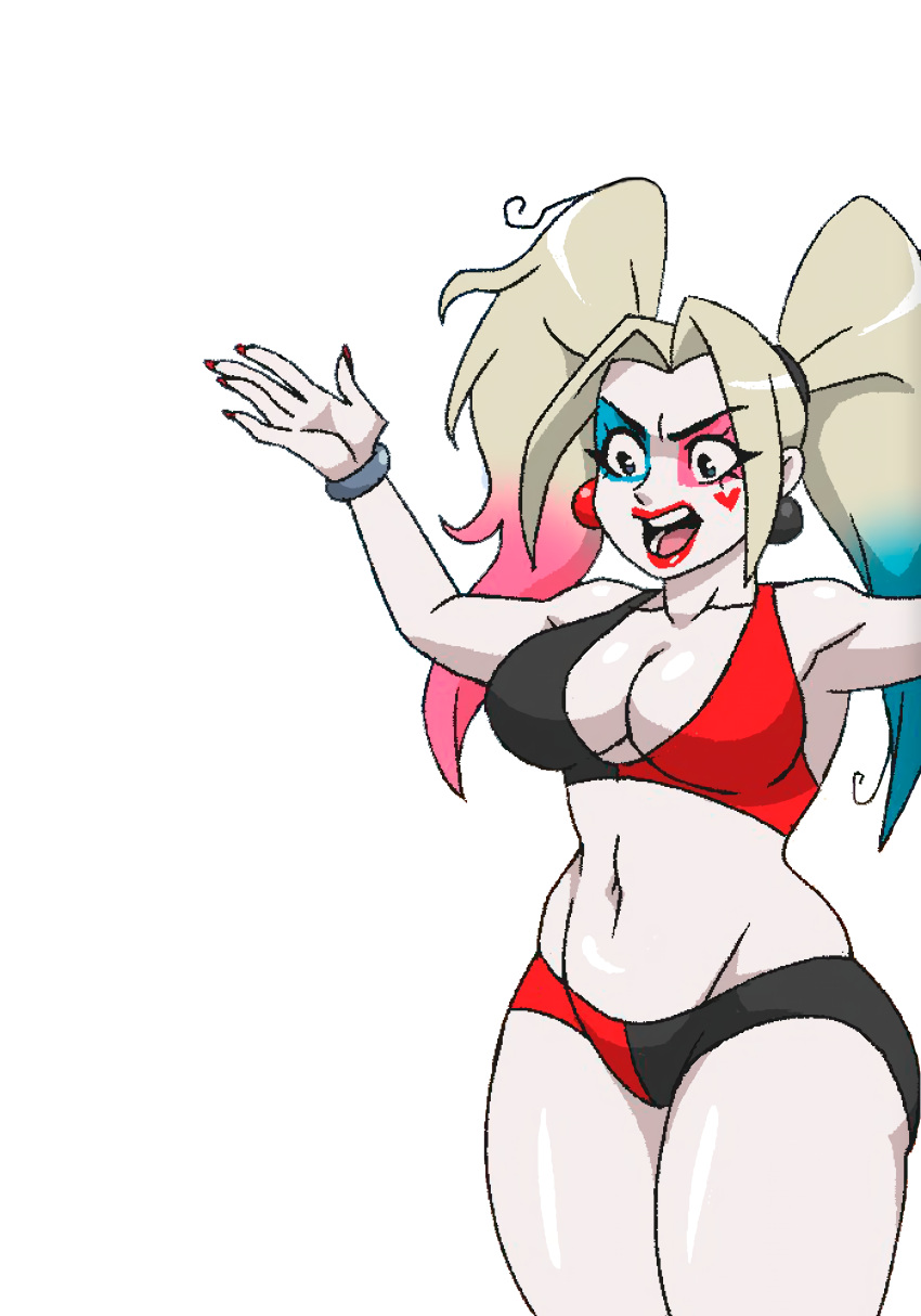 1girls annoyed archdan batman_(series) big_breasts bikini blonde_hair breasts busty child_bearing_hips cleavage dc_comics female female_only harley_quinn hi_res large_breasts legs multiversus navel open_mouth solo thighs toned twintails voluptuous