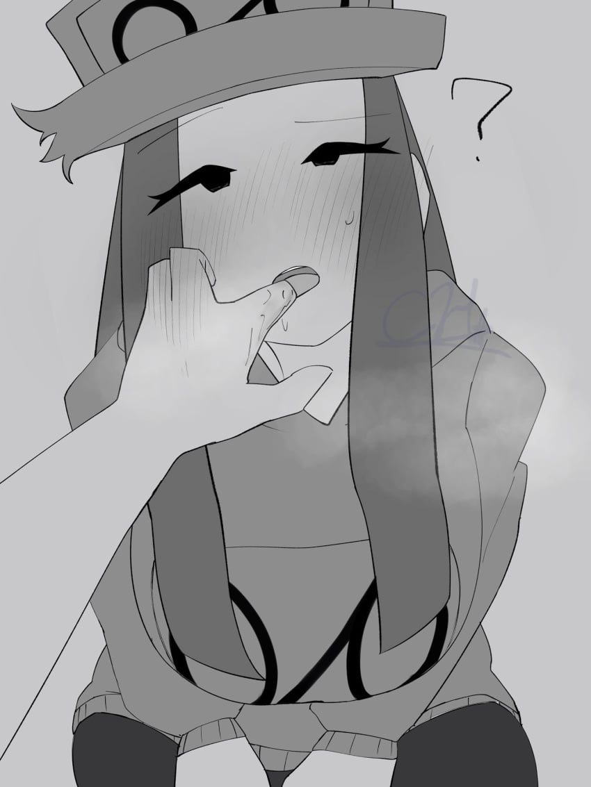 ? blank_background breath breath_cloud breathing cassette_girl eyes_half_closed eyes_half_open finger_in_mouth friday_night_funkin friday_night_funkin_mod hat looking_at_viewer mob_face newgrounds nfch_05054 no_color saliva tagme