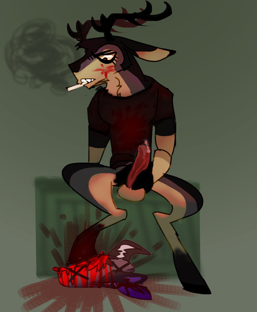 anthro blood blood_splatter bodily_fluids death decapitation deer doeydeerie duo genitals gore guro hi_res male mammal masturbation necrophilia penis smoking