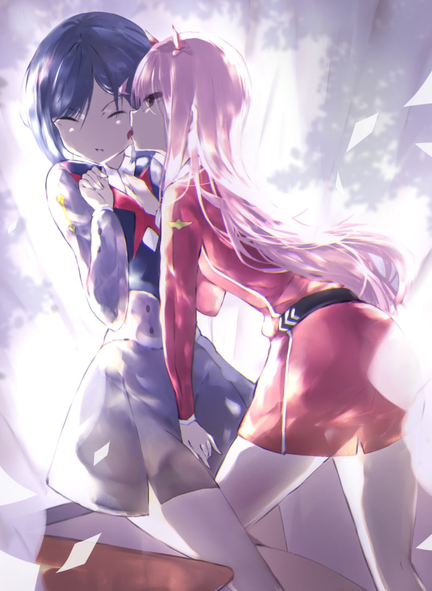 2girls absurdres bangs blue_hair blue_vest cheek_licking closed_eyes clothing darling_in_the_franxx eyebrows_visible_through_hair face_licking fingering fingering_through_clothes highres horns ichigo_(darling_in_the_franxx) jacket leaning_forward licking long_hair long_sleeves multiple_girls parted_lips pink_hair red_jacket senya_fuurin shirt skirt through_clothes tongue tongue_out very_long_hair vest white_shirt white_skirt yuri zero_two_(darling_in_the_franxx)