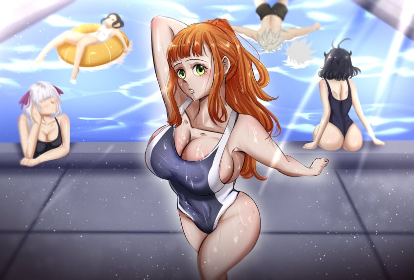 1boy 5girls asta_(black_clover) big_ass big_breasts big_butt bikini black_clover charmy_papittoson cictemart18 clothed clothed_female drowning_in_background female female_focus green_eyes liebe_(black_clover) light-skinned_female light_skin looking_at_viewer male medium_breasts mimosa_vermillion multiple_girls noelle_silva pool poolside secre_swallowtail shy small_breasts solo_focus swimsuit thick_ass thick_thighs