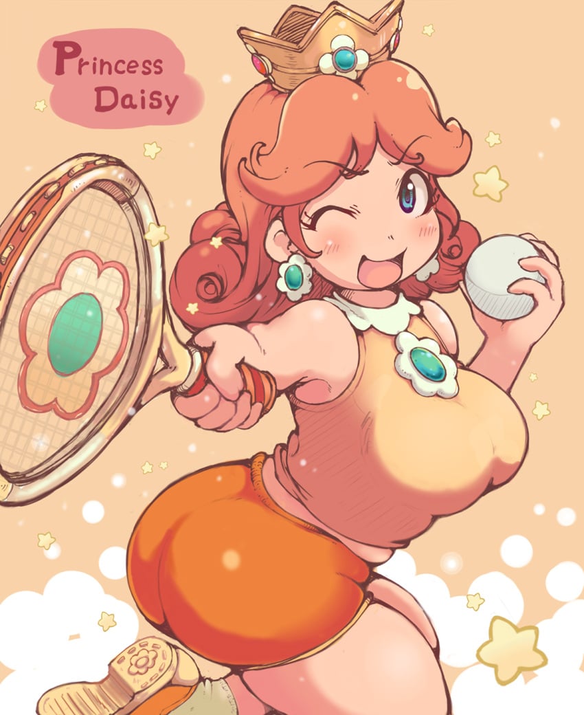 1girls ass ball big_ass big_breasts blue_eyes breasts brown_hair busty fat_ass female female_only highres huge_ass ibukichi large_breasts legs looking_at_viewer mario_(series) mario_tennis nintendo one_eye_closed open_mouth orange_shorts outstretched_arm princess princess_daisy racket shirt short_hair shorts sleeveless sleeveless_shirt smile solo sportswear tennis_ball tennis_racket tennis_uniform thick_thighs thighs wink