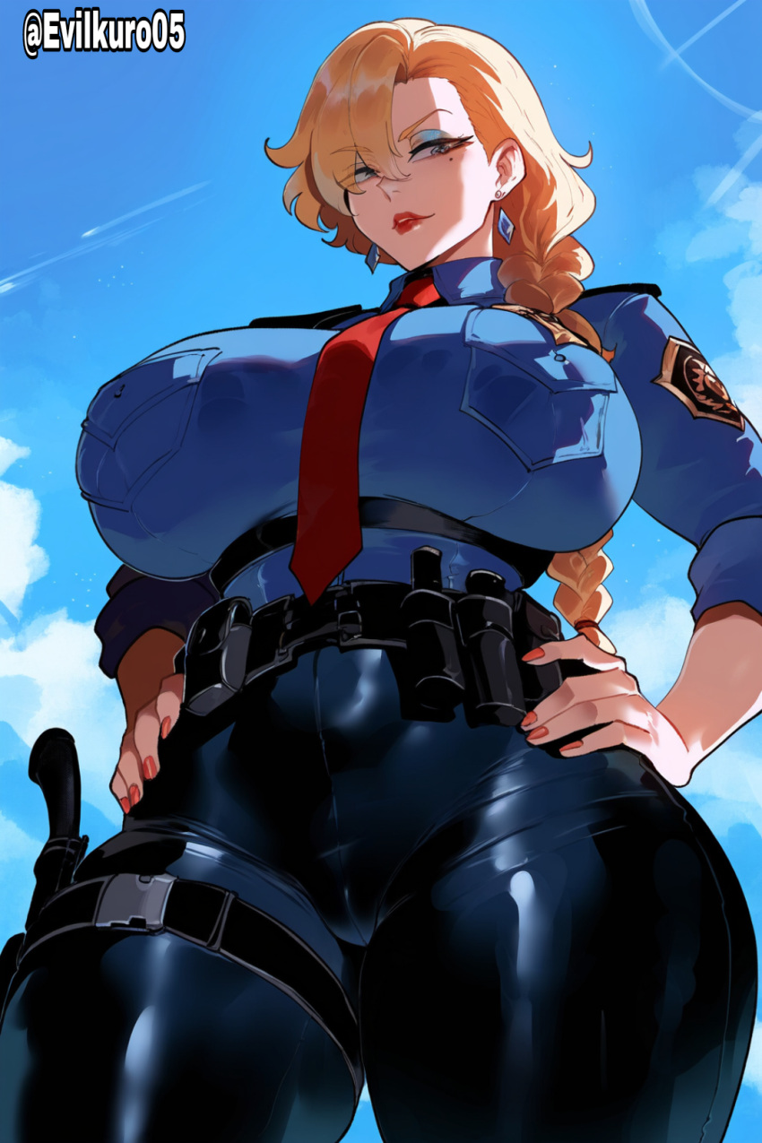 ai_generated atlantis:_the_lost_empire blonde_hair braided_ponytail evilkuro05 hand_on_hip helga_sinclair police_uniform police_woman thiccwithaq_(ai_style) thick_hips thick_legs voluptuous_female