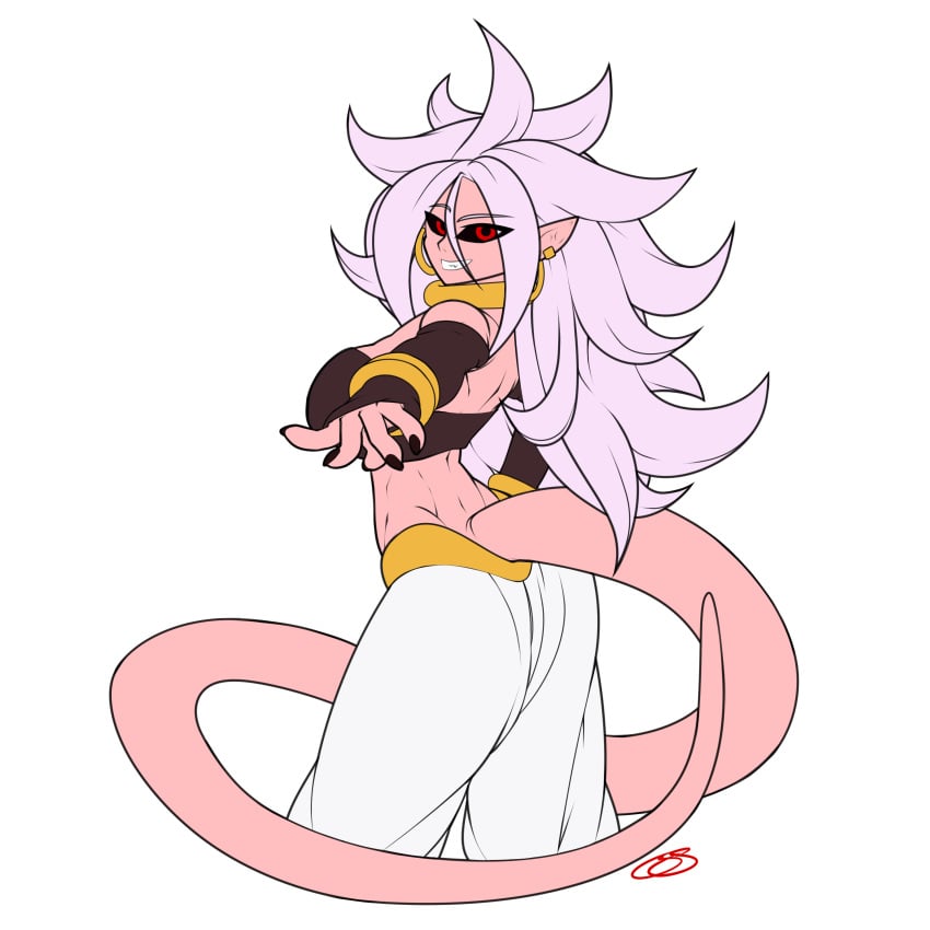 1girls 2010s android_21 black_sclera breasts dark_persona dragon_ball dragon_ball_fighterz female female_only fully_clothed humanoid long_hair majin majin_android_21 monster_girl pink_skin pointy_ears red_eyes solo tail transparent_background white_hair zephyrflash