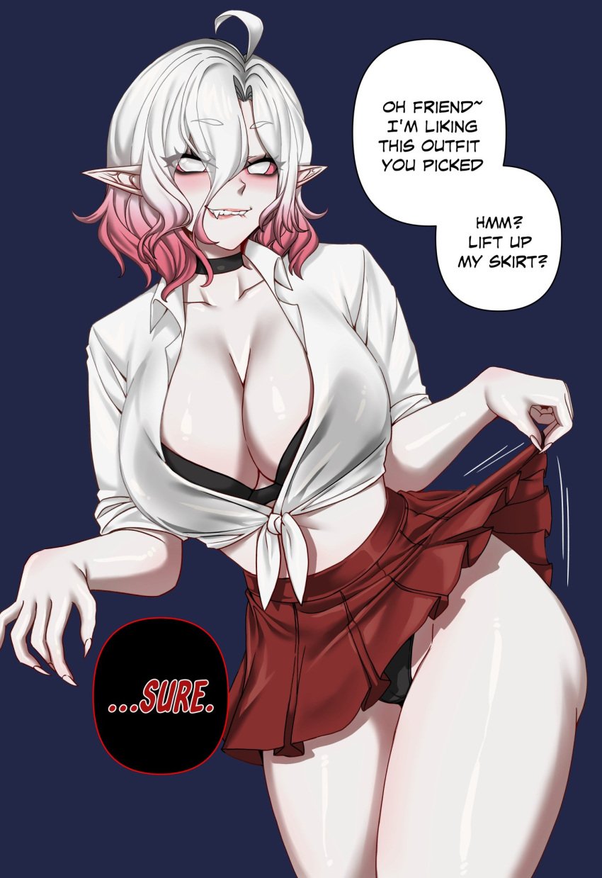 1girl 1girls biting_lip biting_own_lip blood_golem blush blushing breasts briar_(league_of_legends) claws cleavage collar collarbone colored_sclera dialogue english_text eyebrows_visible_through_hair feet_out_of_frame female gradient_hair huge_breasts large_breasts league_of_legends lips looking_at_viewer pale-skinned_female pale_skin panties pink_hair_tips pink_sclera pink_tip pointy_ears ryuukusnpaiarts simple_background skirt_lift solo solo_female talking_to_viewer text thick_thighs thighs thin_waist white_hair wide_hips