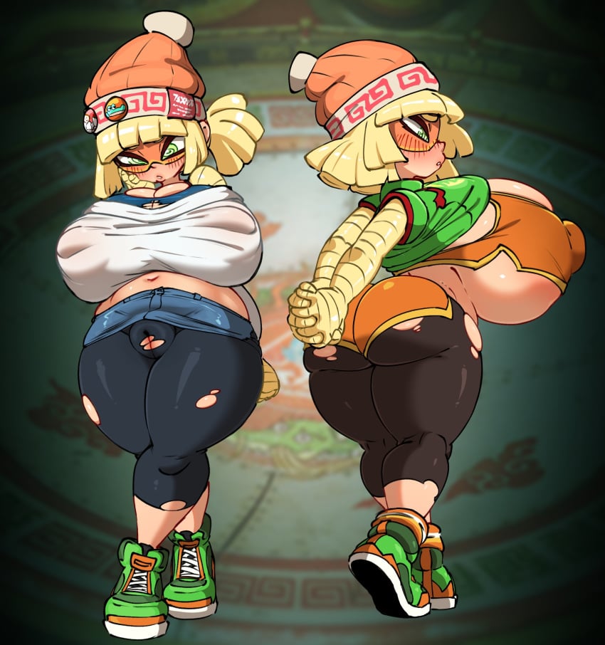 2d 2d_(artwork) arms_(game) ass ass_expansion bangs beanie blonde_hair blush breast_expansion breasts cleavage embarrassed female green_eyes huge_ass huge_breasts jellot looking_at_viewer looking_away looking_back mask min_min_(arms) navel nintendo nipple_bulge nipples no_bra pins plump ponytail puffy_pussy ripped_clothing short_hair shorts sideboob sneakers socks sports_bra stretching sweat sweatdrop tank_top thighs tights yoga_pants