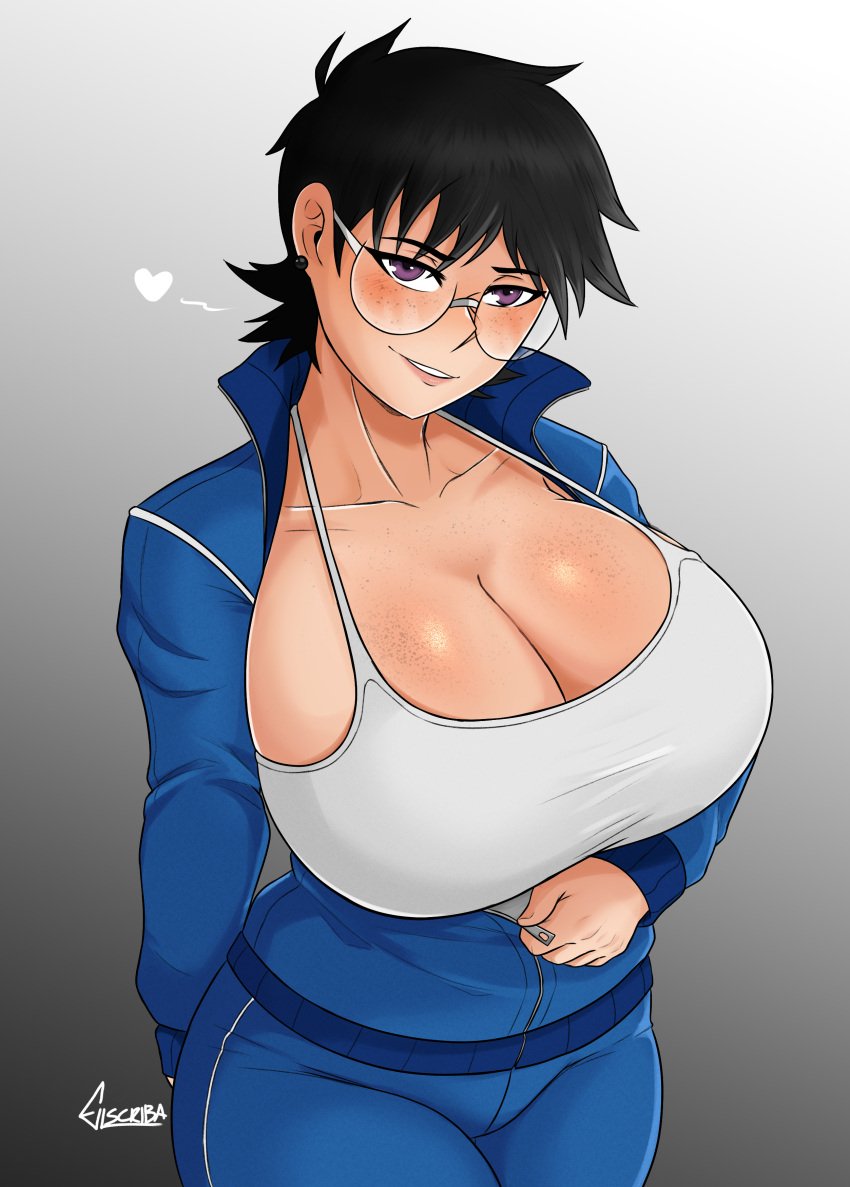 1girls 2d 2d_(artwork) absurd_res artist_name black_hair blush breasts busty cleavage clothed clothing collarbone curvy curvy_body earrings escriba female female_only freckles freckles_on_breasts glasses gradient_background head_tilt heart huge_breasts jane_(nesz) light-skinned_female light_skin looking_at_viewer nesz oc original original_character presenting_breasts purple_eyes seductive_smile shirt short_hair solo solo_female standing tagme thick_thighs tomboy top_heavy track_jacket track_pants track_suit unzipped