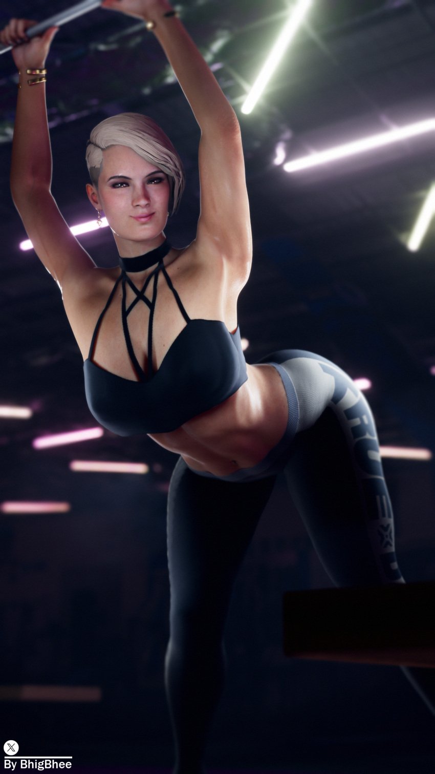 1girls 3d 3d_(artwork) abs alternate_version_available armpits ass belly bhigbhee bioware blonde_hair bracelet bracelets choker cleavage clothing cora_harper curvy earrings electronic_arts female female_only gym hi_res highres leggings legwear looking_at_viewer mass_effect mass_effect_andromeda mature_female short_hair smile stretching sweat watermark yoga_pants