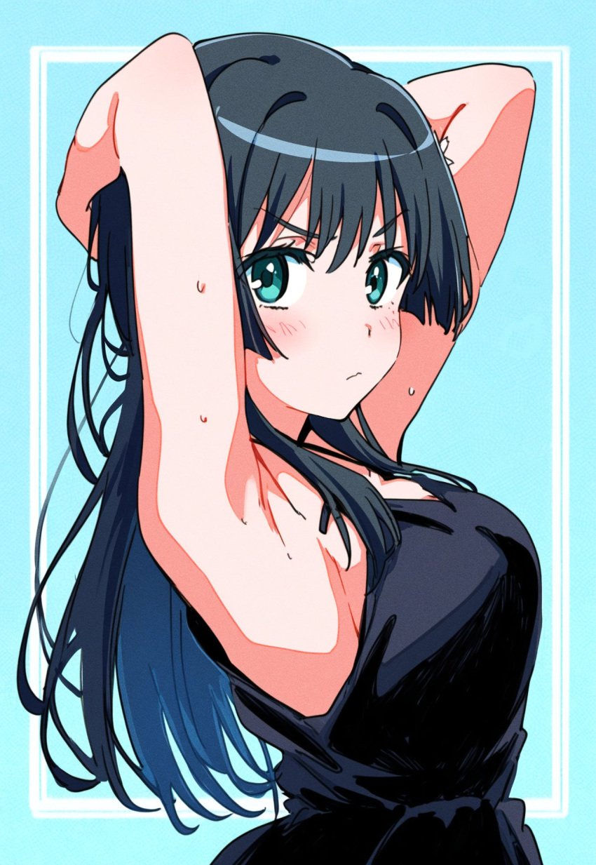 1girls annoyed armpits arms_behind_head big_breasts black_hair breasts busty dress female female_only green_eyes hi_res large_breasts long_hair looking_at_viewer pose posing saten_ruiko sensual sexy_armpits sideboob solo to_aru_kagaku_no_railgun to_aru_majutsu_no_index