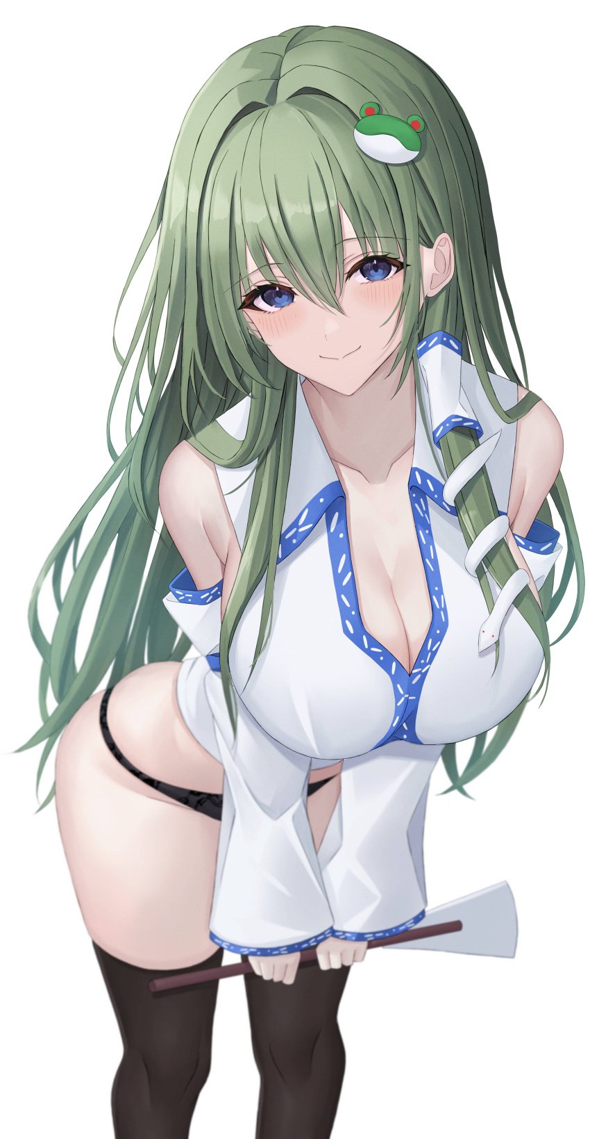 1girls 7saki black_panties black_thighhighs blue_eyes cleavage detached_sleeves gohei green_hair hair_ornament large_breasts leaning_forward long_hair miko panties sanae_kochiya shrine_maiden thighhighs thighs touhou