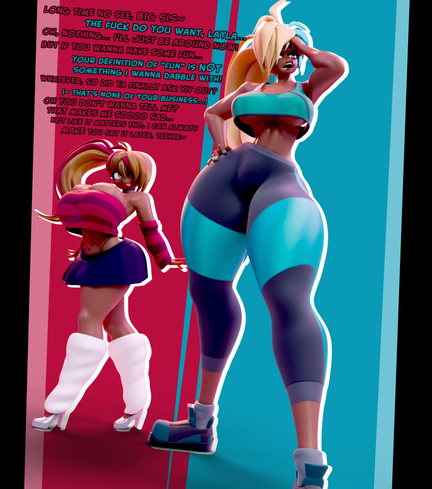 2girls 3d big_breasts breasts carol_(carro3dsculpts) carro3dsculpts dialogue female layla_(carro3dsculpts) original_character sisters skirt tank_top text thick_thighs thighs