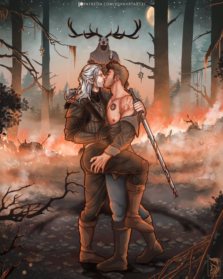 2boys armor artist_logo ass_grab bara beard_stubble biceps boots brown_hair chest_hair chest_tattoo closed_eyes clothed_male clothing dean_winchester duo exposed_torso facial_hair fire forest forest_fire full_moon gay geralt_of_rivia gun handprint henry_cavill holding_partner human human_only jensen_ackles john_xrt_art kissing leshen light-skinned_male light_skin long_hair male male/male male_only monster moon muscles muscular muscular_male necklace night nipples occult_symbol open_shirt outdoors pants patreon_username pecs pendant pentagram shirt standing standing_position stars straight_male stubble supernatural_(series) sword the_witcher the_witcher_(netflix) trees weapon white_hair witcher witcher_medallion woods yaoi