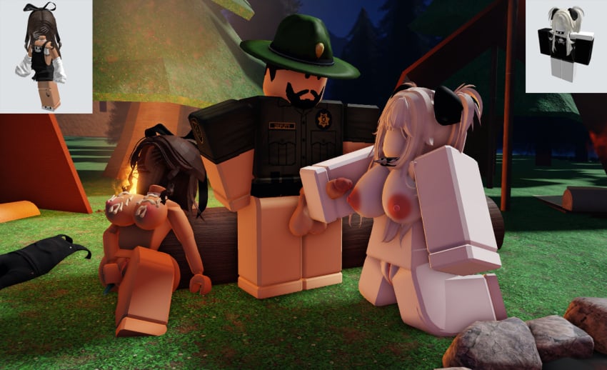 1boy 2girls 3d 3d_artwork artist_request big_breasts campfire camping cum_on_breasts forest jerking jerking_off jerkingoff masturbation ninjashyper2 on_knees outdoors public public_nudity public_sex resting roblox roblox_avatar roblox_game robloxian tired wilderness