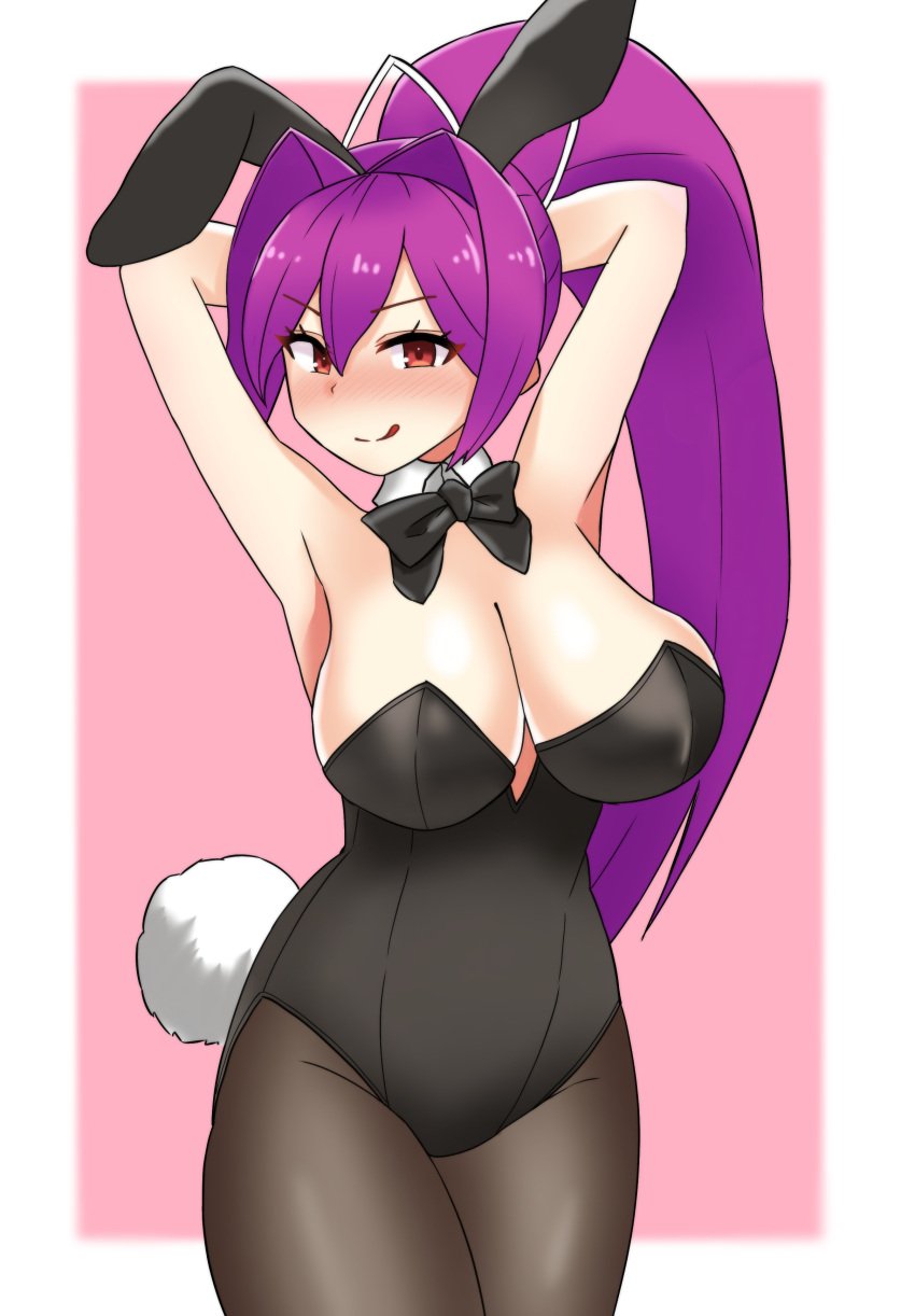 1girls animal_ears arc_system_works armpits arms_behind_head artist_request big_breasts blush breasts bunny_ears bunny_girl bunny_tail bunnysuit busty cleavage confident fake_animal_ears female female_only heart highres large_breasts leaning_forward legs leotard licking_lips long_hair looking_at_viewer naughty_face pantyhose ponytail pose posing purple_hair red_eyes sensual smile thighs tongue tongue_out under_night_in-birth yuzuriha_(under_night_in-birth)