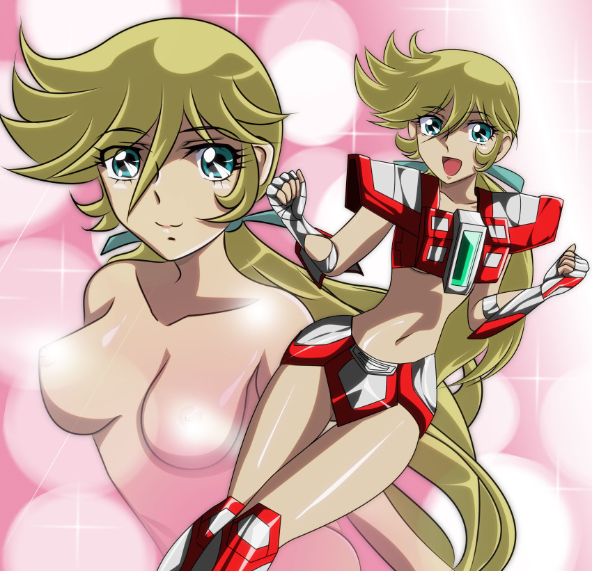 1girls armor bare_shoulders blonde_hair blue_eyes breasts covering_nipples emma_(saint_seiya) female gentoku happy long_hair nude_female pointy_chin saint_seiya saint_seiya_omega solo steel_saints thighs topless