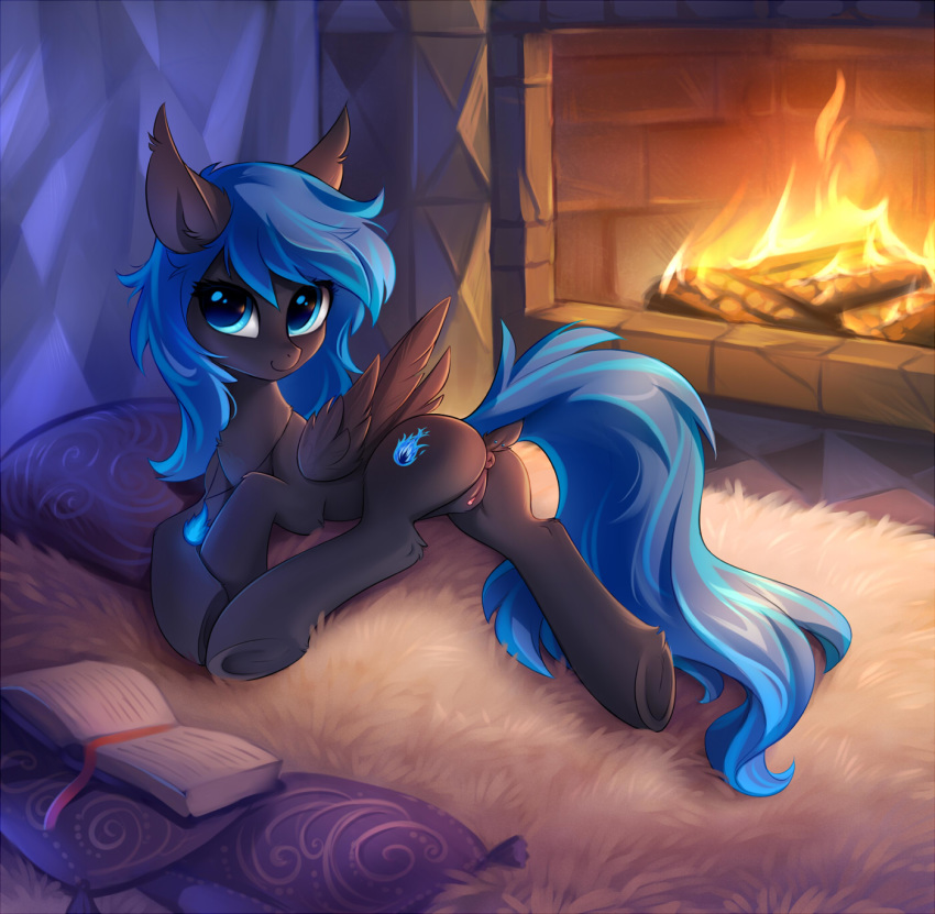 2018 anus ass blue_hair book cutie_mark detailed_background digital_media_(artwork) dock equine fan_character feathered_wings feathers female feral fire fireplace hair hooves inside looking_at_viewer mammal my_little_pony pegasus pussy smile solo tomatocoup underhoof wings