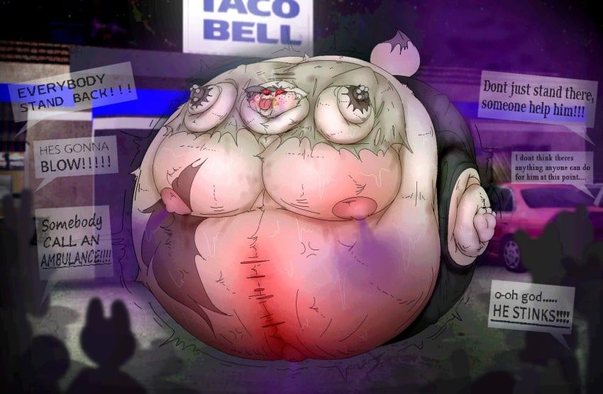 about_to_burst body_inflation crowd crowd_watching eyes_bulging full_body_inflation furry gas gassy hyper_inflation hyper_moobs implied_popping inflation inflation_fetish moobs overinflated parking_lot paytonpaytonpay pokemon_(species) stinky sunken_limbs sweat sweaty taco_bell tongue_out zangoose