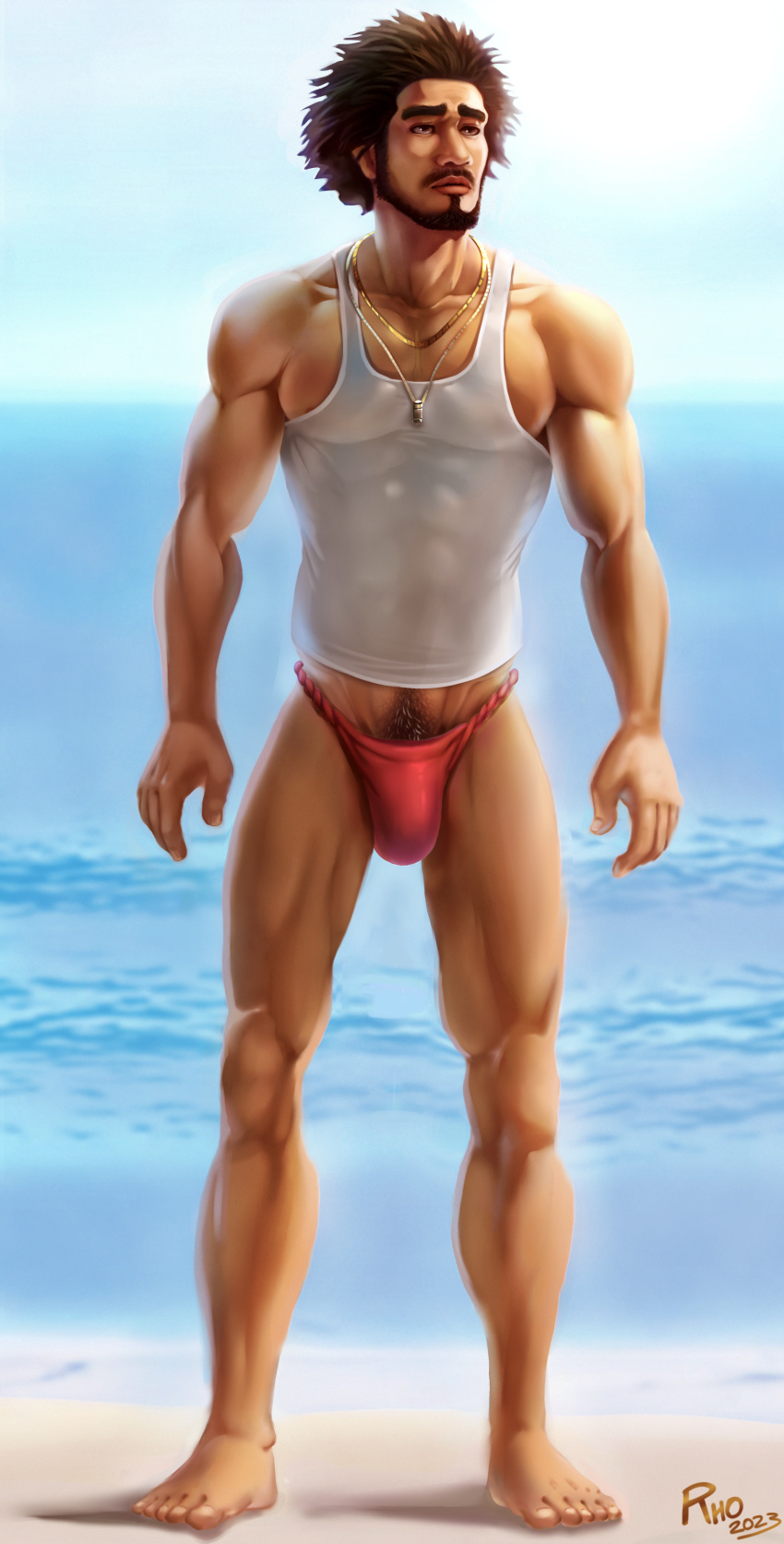 abs bara beach beard biceps big_bulge clothing fundoshi ichiban_kasuga japanese_clothing male male_nipples male_only male_pubic_hair muscular_male nipples pecs rho_art ryuu_ga_gotoku tight_clothing