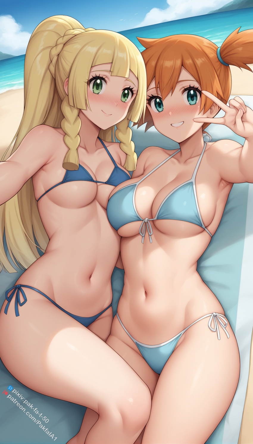 2girls :d ai_generated asymmetrical_hair bangs bare_shoulders beach beach_towel bikini blonde_hair blue_bikini blue_eyes blue_sky blue_swimsuit blunt_bangs blush braid breast-to-breast breast_press breasts clavicle cleavage closed_mouth clothing cloud day eyebrows eyebrows_visible_through_hair eyelashes female green_eyes hair_between_eyes hair_ornament hair_tie huge_breasts kasumi_(pokemon) large_breasts large_filesize lillie_(pokemon) long_hair looking_at_viewer misty_(pokemon) multiple_girls navel ocean open-mouth_smile open_mouth orange_hair outdoors pak-fa-t-50 pokemon ponytail sand self_shot selfie shiny shiny_skin short_hair side_ponytail sitting sky smile swimsuit teeth thighs tied_hair twin_braids upper_teeth upper_teeth_only v very_high_resolution water white_bikini white_swimsuit yuri