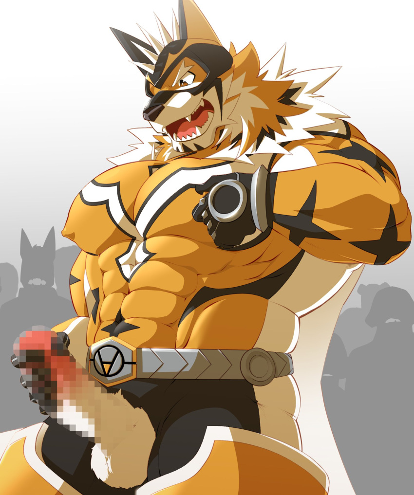 abs anthro balls censored erection felid fur genitals hi_res lifewonders live_a_hero male mammal mask masturbation muscular muscular_anthro muscular_male pantherine pecs penis ryekie_(live_a_hero) samoji solo striped_body striped_fur stripes superhero tiger