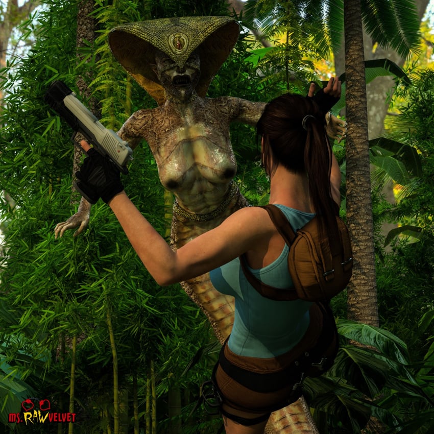 2girls 3d big_breasts breasts female female_pred female_prey lamia lara_croft monster_girl msrawvelvet naga nipples oral_vore scalie tomb_raider vore