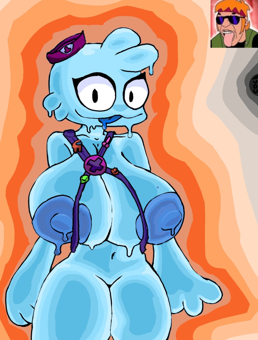 1girls :3 areola assmaster681_(artist) barely_clothed big_areola big_nipples blue_areola blue_body blue_nipples brawl_stars breast_squeeze breast_squish breasts buster_(brawl_stars) cute featureless_crotch female genderswap_(mtf) hat huge_breasts nipples rule_63 self_upload silly simple_background slime slime_girl squeak_(brawl_stars) straps thighs tongue_out zamn!