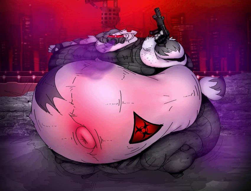 belly_inflation body_inflation distended_belly full_body_inflation furry gas_inflation gas_mask gun hyper_belly inflated_belly inflation inflation_fetish navel overinflated payton_(paytonpaytonpay) paytonpaytonpay pokemon_(species) red_eyes tactical_gear zangoose